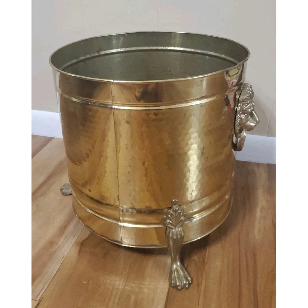 Vintage Brass Lion Head Planter Hollywood Regency Footed Cachepot Plant Pot